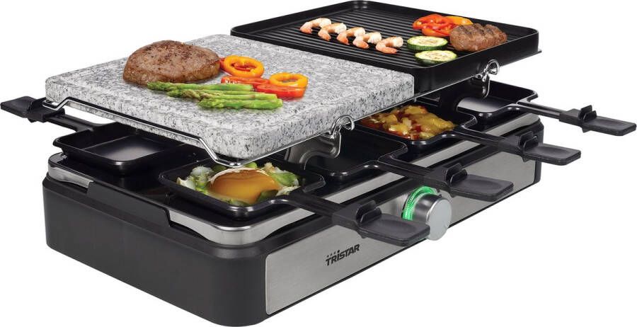 Tristar Gourmetstel met Steengrill RA-2725 Gourmetset 5-in-1 voor 8 personen Bakplaat Steengrill Gourmet Raclette en Teppanyaki Zwart RVS