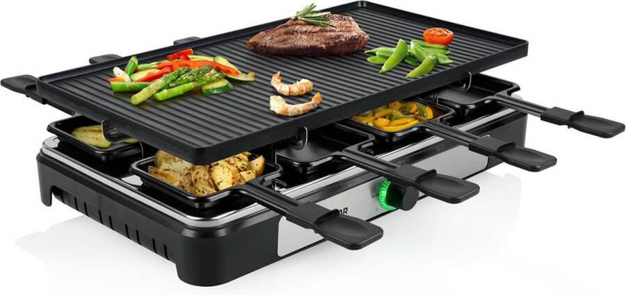 Tristar Gourmetstel RA-2748 Raclette met omkeerbare grillplaat Gourmetset voor 8 personen Bakplaat Gourmet Raclette én teppanyaki Zwart