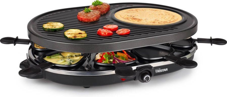 Tristar Gourmetstel RA-2996 Gourmet Raclette 8 personen Grillplaat met pannenkoekenvorm Zwart