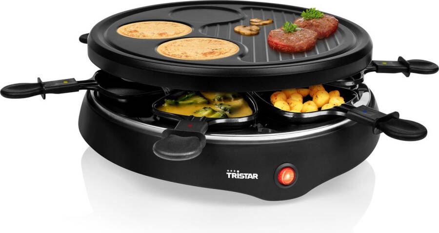 Tristar Gourmetstel RA-2998 – Raclette Gourmet 6 personen – Grillplaat met crêpevorm Gourmetset rond Zwart
