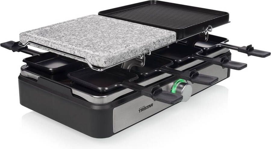 Tristar Gourmetstel met Steengrill RA-2725 Gourmetset 5-in-1 voor 8 personen Bakplaat Steengrill Gourmet Raclette en Teppanyaki Zwart RVS