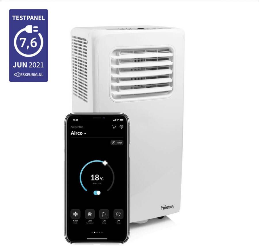 Tristar smart airconditioner AC-5670 met Wi-Fi Bestuurbaar met app en afstandsbediening Mobiele Airco 7000 BTU voor kamer van 60m³ Airco ontvochtiger en ventilator Temperatuur van 16⁰C tot 31⁰C Energieklasse A Wit