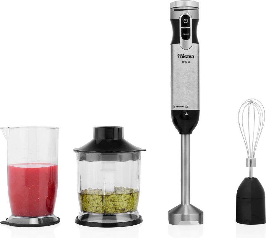 Tristar Staafmixer Set MX-4829 4-in-1 Staafmixer Inclusief Garde Hakmolen en Maatbeker 700ml Turbofunctie Met afneembare roestvrijstalen staaf 1000 watt RVS