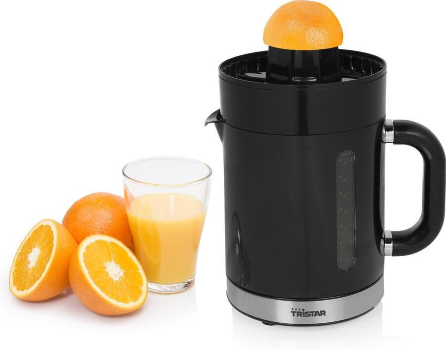 Tristar Citruspers CP-3012 Elektrische Citruspers XL Inclusief 2 verschillende perskegels 1.4 liter Afneembare schenkkan Pulpfilter Vaatwasserbestendige onderdelen Zwart