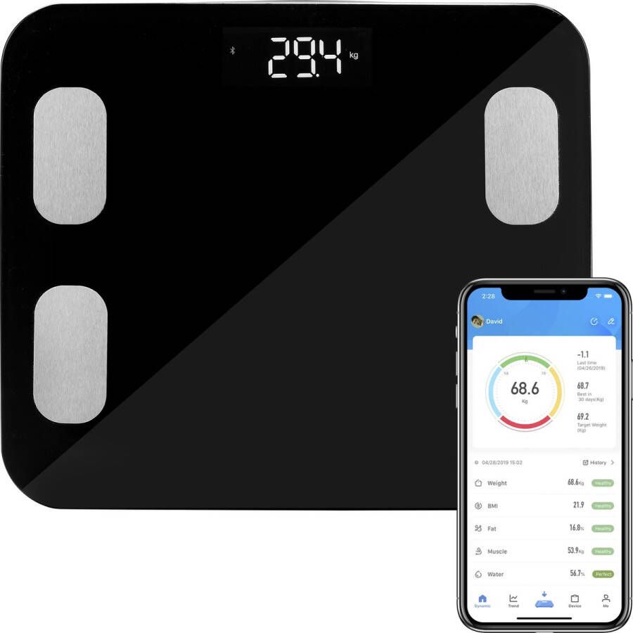 Tristar Weegschaal WG-2440 Personenweegschaal met Bluetooth functie – Volledige lichaamsanalyse Voor meten van BMI vet spiermassa water botmassa en metabolisme Tot 150 kg Zwart