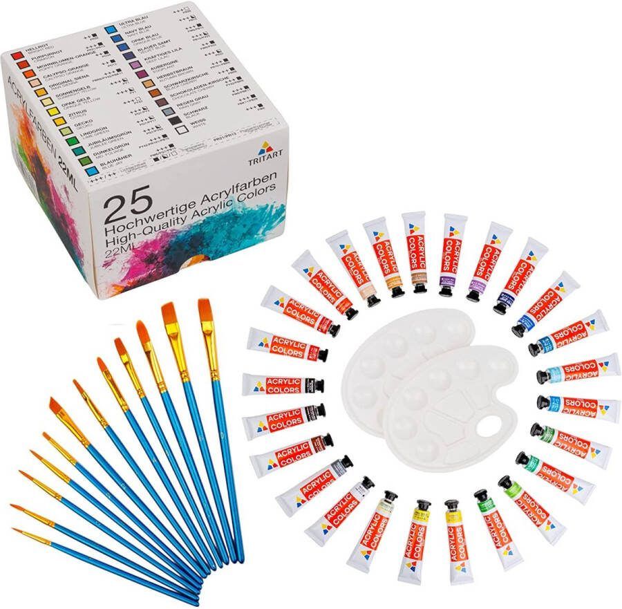 Tritart Acryl-Farben-Set mit 12 Pinsel und 2 Mischpaletten HOCHPIGMENTIERT 25 x 22ml Malfarben Tuben Acrylverf