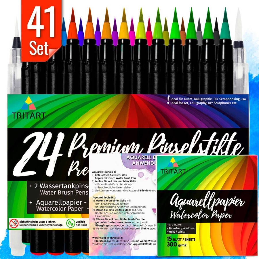 Tritart Handlettering Pennen Set van 41-24 Set Viltstiften met 2 Penseel Pennen & 15 Aquarel Vellen Bullet Journal & kalligrafie Kunst Pennen voor Kunstenaars en Professionals
