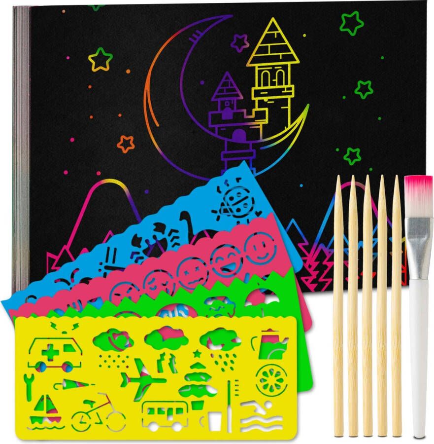Tritart Krabfoto's set voor kinderen en volwassenen 55 vellen regenboog-kraspapier voor tekenen en knutselen met sjablonenlinialen houten stiften stickers en kwasten 13 x 19 cm