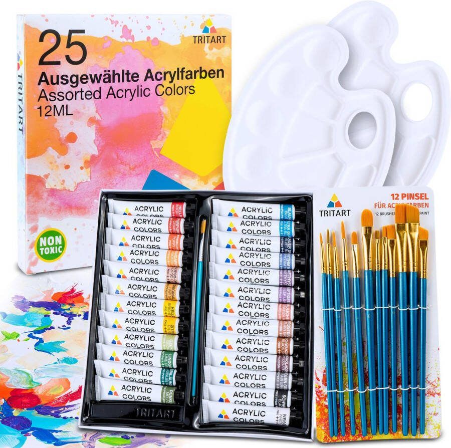 Tritart Unbekkant acrylverf set hoogwaardig schilderverf tubes 25 x 12 ml met 12 kwasten en 2 mengpaletten acryl Paint