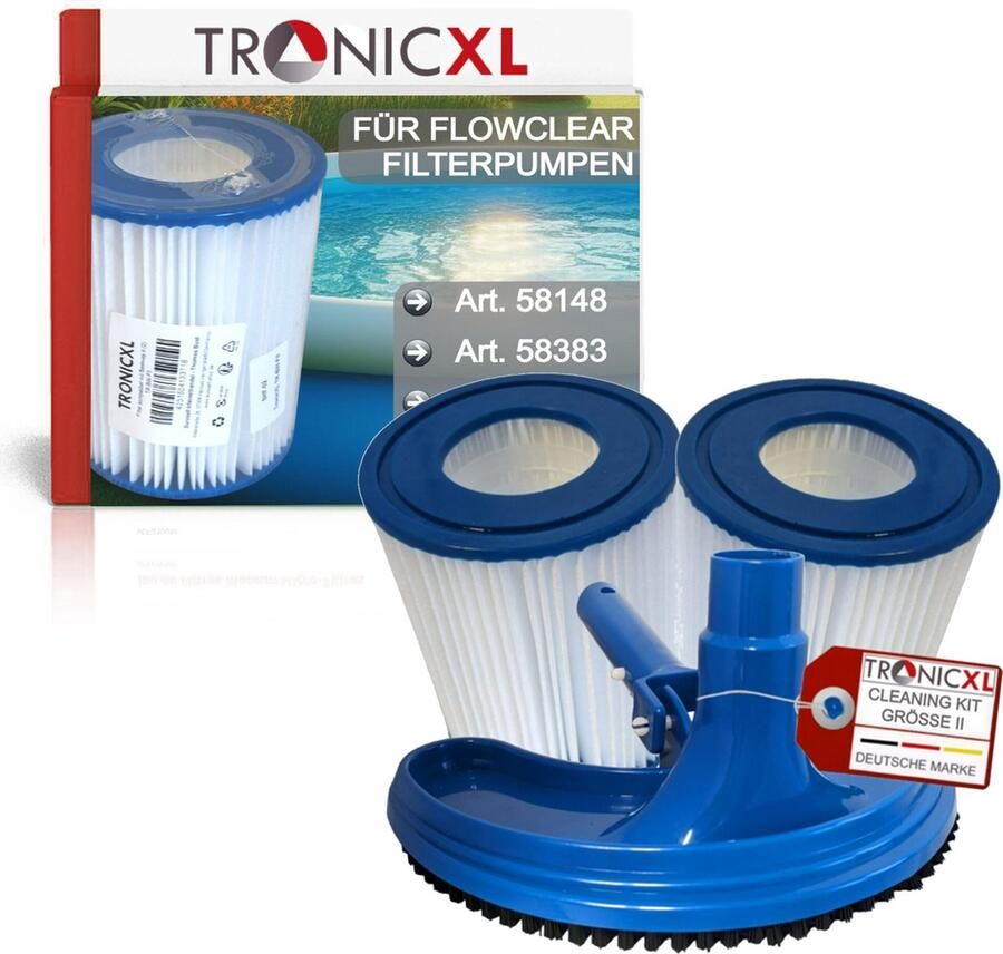 Tronic XL TronicXL Zwembadreinigingsset I geschikt voor Bestway Gr.II met 2 filters + zwembadsproeier bezem geschikt voor Flowclear zwembaden 2006 en 3028 l h 58383 58386 58094 58117 58386GS – waterfilter sproeier