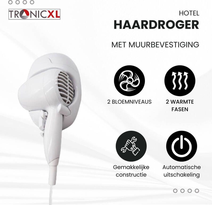 Tronic XL TronicXL Haardroger 2-delig Hairstyler voor thuis en uw bedrijf. Föhn inclusief houder en muurbevestiging wit I uitrusting voor hotel appartement vakantieappartement – tuin – badkammer- zwembad – en meer