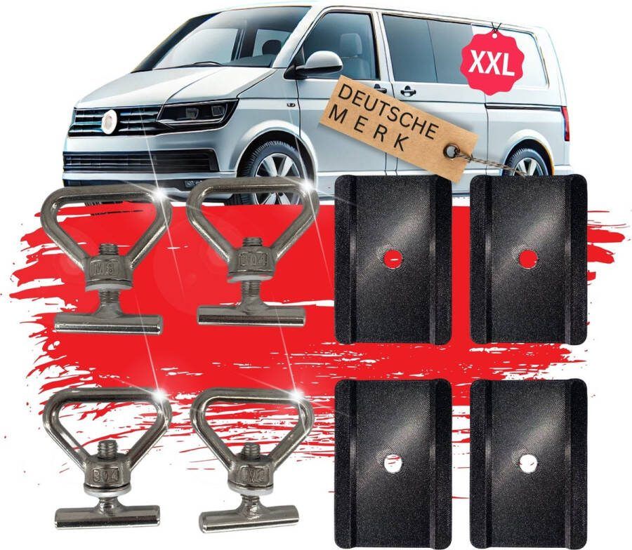 Tronic XL TronicXL Ladingszekering 4 sjorogen en 4 platen geschikt voor VW Bulli Bus T5 T6.1 Multivan Transporter en meer – lading zekerings schroeven – Bevestigings Set – Camping – Multiflexboard geleiderail
