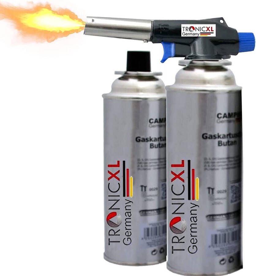 Tronic XL TronicXL Soldeerbrander + 2 cartridges opzetstuk voor butaangas gasbrander gasaansteker soldeerlamp met piëzo-ontsteking bajonetaansluiting set