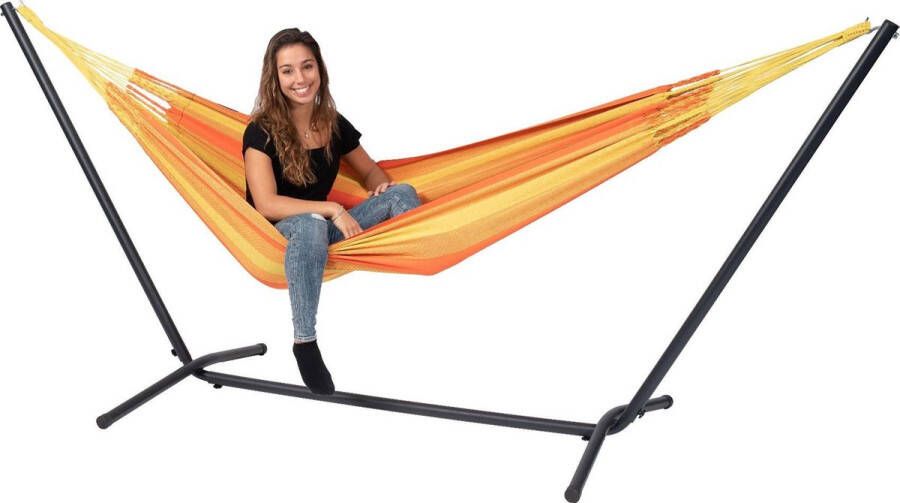 Tropilex Hangmat met Standaard Eénpersoons 'Easy & Dream' Orange | Complete hangmatset | Bevestiging inclusief | 120 KG | 320 CM | Polycotton + Metaal | 1% For The Planet |