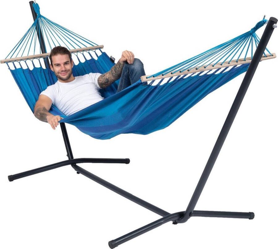 Tropilex Hangmat met Standaard Eénpersoons 'Easy & Relax' Blue | Complete hangmatset | Bevestiging inclusief | 120 KG | 320 CM | Polycotton + Metaal | 1% For The Planet |