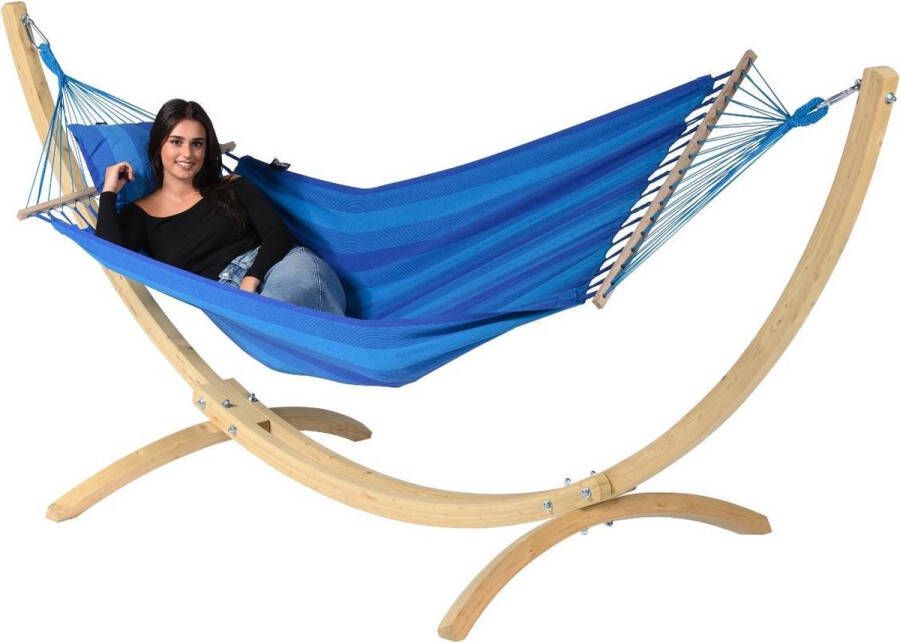 Tropilex Hangmat met Standaard Eénpersoons 'Wood & Relax' Blue | Complete hangmatset | Bevestiging inclusief | 120 KG | 352 CM | Polycotton + Vurenhout (FSC Mix) | 1% For The Planet |