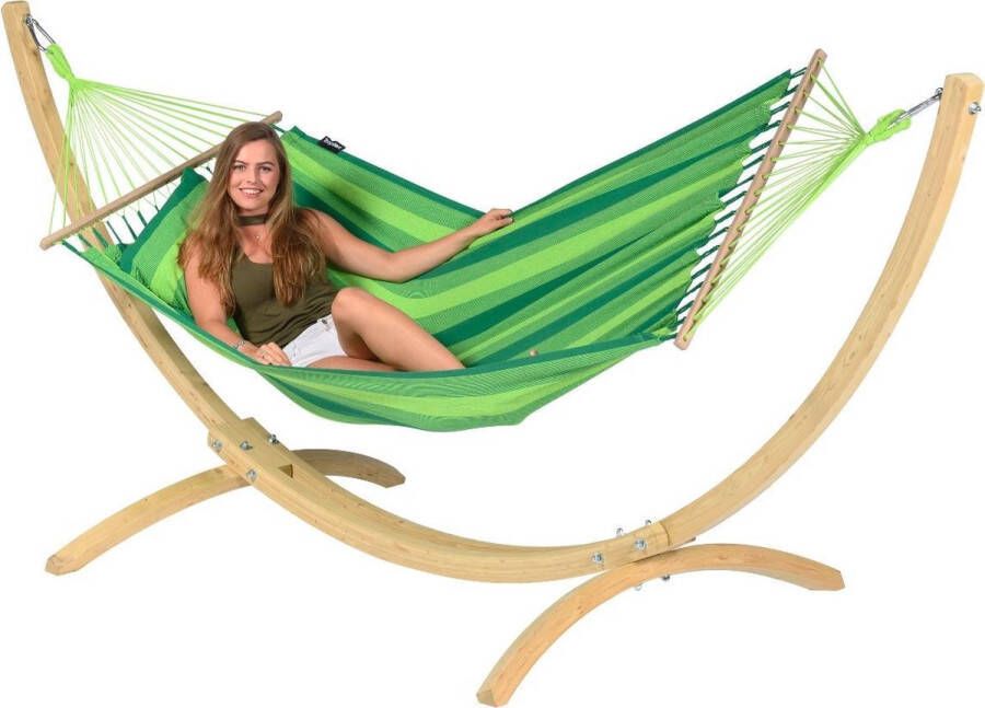 Tropilex Hangmat met Standaard Eénpersoons 'Wood & Relax' Green | Complete hangmatset | Bevestiging inclusief | 120 KG | 352 CM | Polycotton + Vurenhout (FSC Mix) | 1% For The Planet |