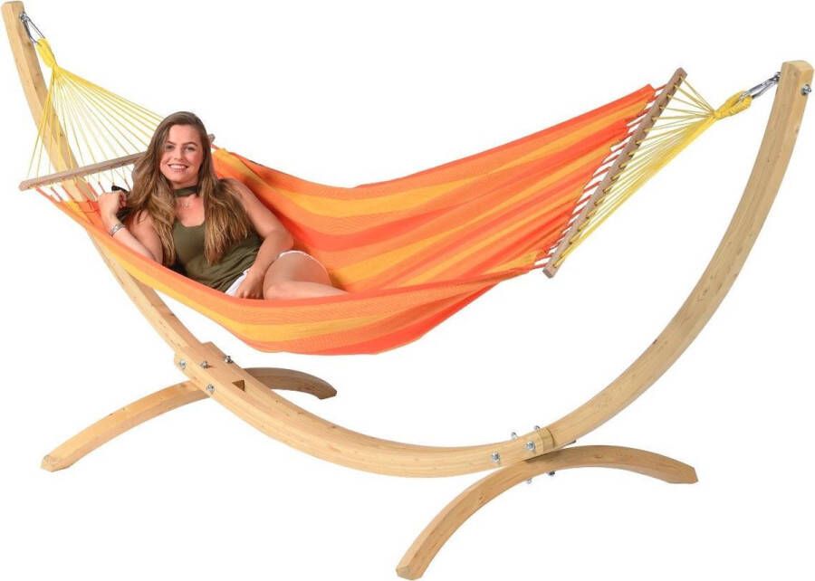 Tropilex Hangmat met Standaard Eénpersoons 'Wood & Relax' Orange | Complete hangmatset | Bevestiging inclusief | 120 KG | 352 CM | Polycotton + Vurenhout (FSC Mix) | 1% For The Planet |