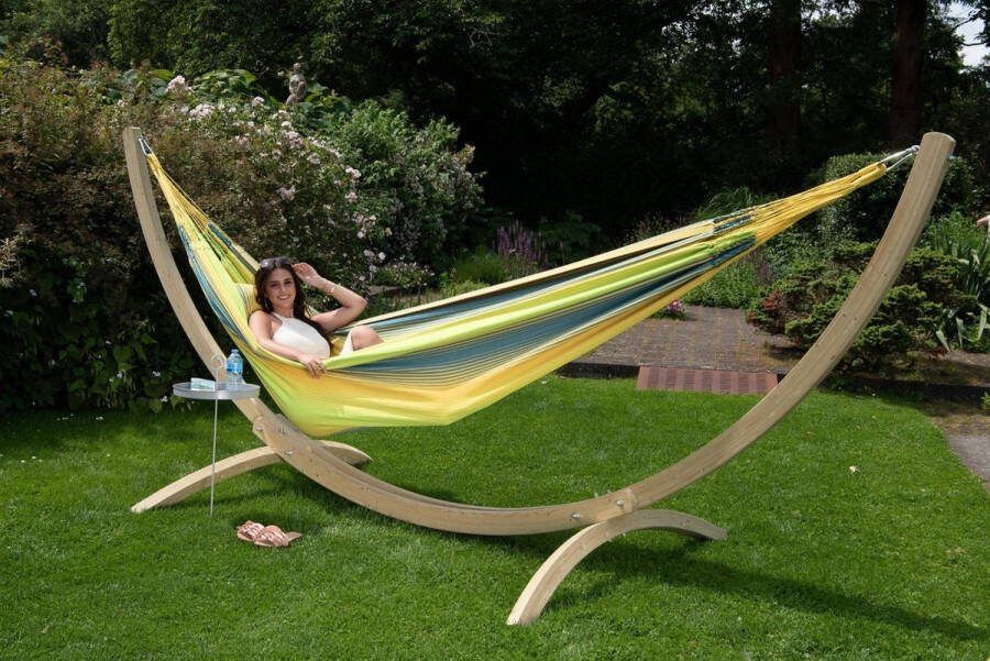 Tropilex Hangmat met Standaard Familie 'Wood & Refresh' Cocktail | Complete hangmatset | Bevestiging inclusief | 200 KG | 400 CM | Polycotton + Vurenhout (FSC Mix) | 1% For The Planet |