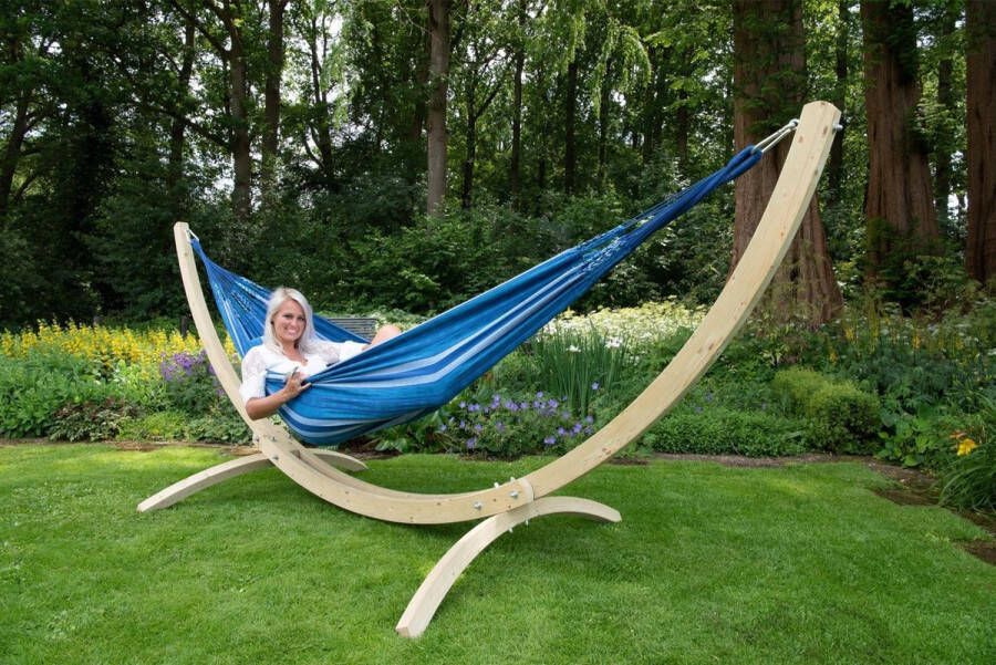 Tropilex Hangmat met Standaard Tweepersoons 'Wood & Chill' Calm | Complete hangmatset | Bevestiging inclusief | 180 KG | 350 CM | Polycotton + Vurenhout (FSC Mix) | 1% For The Planet |