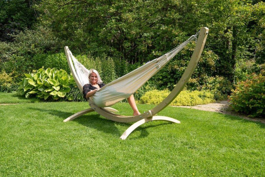 Tropilex Hangmat met Standaard Tweepersoons 'Wood & Comfort' White Complete hangmatset Bevestiging inclusief 180 KG 350 CM Polycotton + Vurenhout (FSC Mix) 1% For The Planet