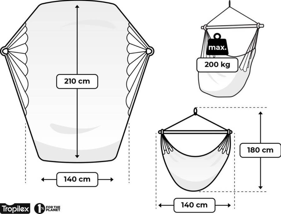 Tropilex Hangstoel Tweepersoons 'DeLuxe' White (Wit Ecru) | Bijpasende opbergtas | 200 KG | Handgemaakt in Colombia | 1% For The Planet |