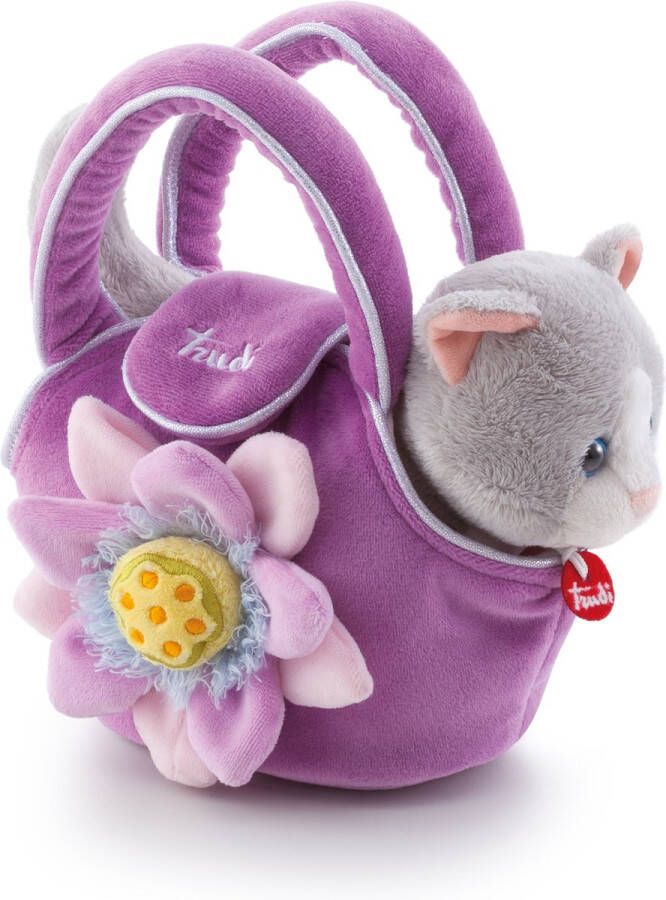 Trudi Fashion Pets Kat Kitty in Fashion Bag (XS-29729) Pluche knuffel Ca. 15 cm (Maat XS) Geschikt voor jongens en meisjes Paars Grijs Wit