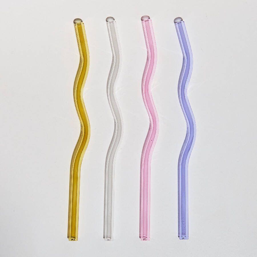 Trus.store Glazen swirl rietjes set van 4 lichtroze wit lila geel