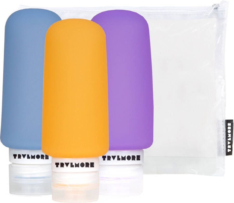 TRVLMORE Silicone Reisflesjes Navulbaar Handbagage 100 ML 3 Stuks Oranje Paars Blauw