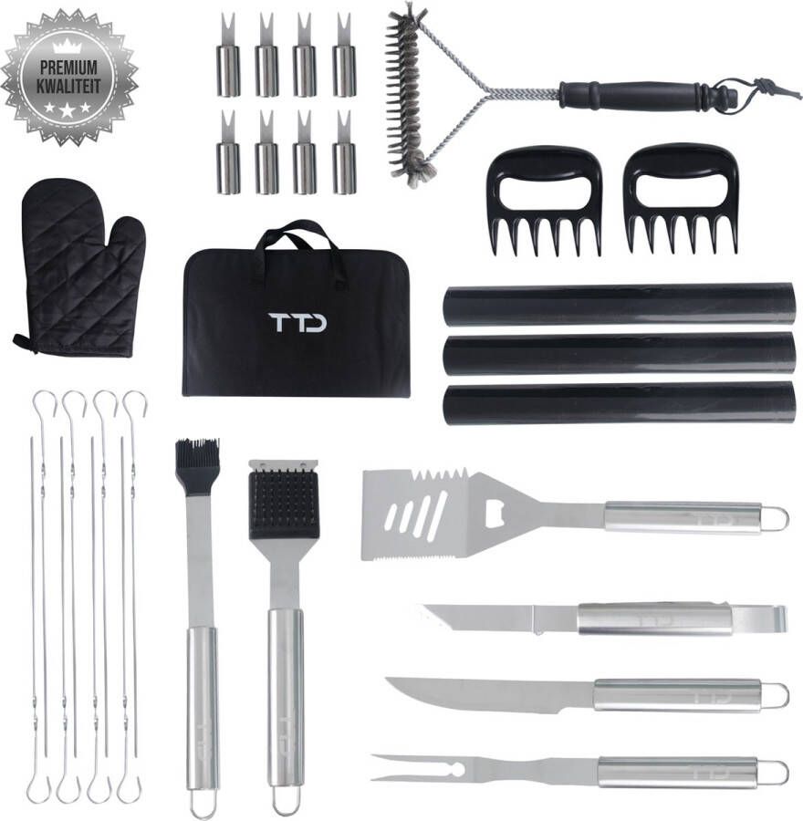 TTD Premium BBQ Accesoires Set 30-delig BBQ Gereedschapset RVS Barbecue Accessoires BBQ Tang BBQ Spatel Met BBQ Handschoenen en Schoonmaak Borstel Inclusief Opbergtas