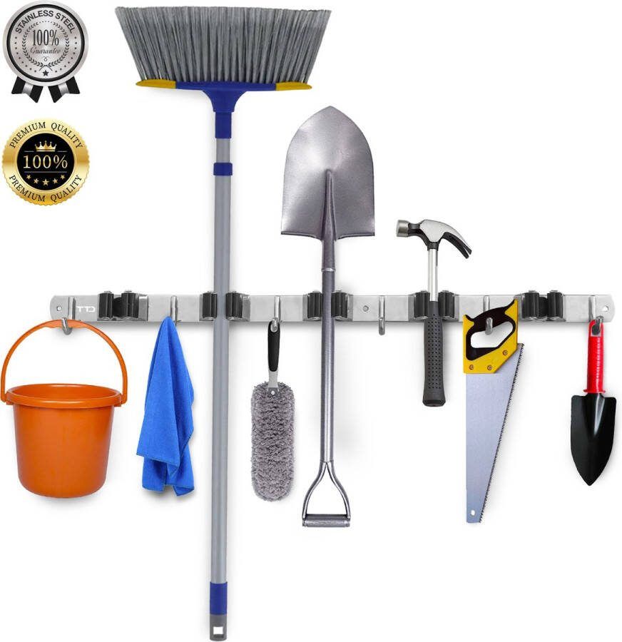 TTD Luxe XXL Bezemhouder en Bezem Ophangsysteem voor Gereedschap Bezemhouder Zelfklevend Gereedschapshouder Schoonmaak 5 Ophanghaken & 6 Gereedschapsklemmen Opbergsysteem Tuingereedschap Klussen 62 CM RVS Inclusief 3M tape