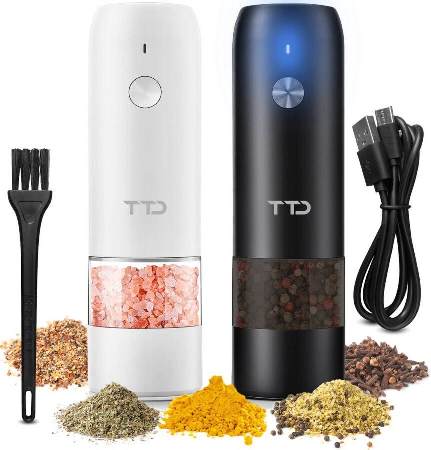 TTD Premium Zout en Pepermolen Set Elektrisch en USB-oplaadbaar Kruidenmolen Verstelbare maalgraad LED-verlichting 2 stuks Zwart & Wit