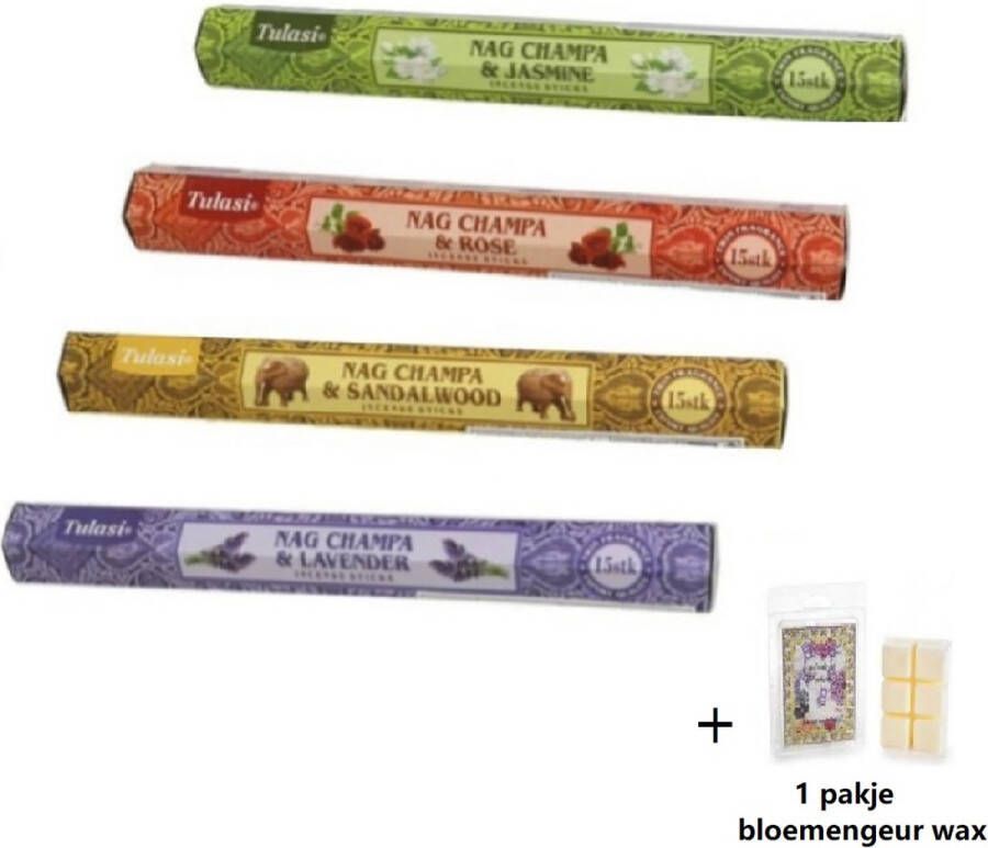 Tulasi Wierook Pakket 4 heerlijke geuren& 1 GEURENDE WAX wierook stokjes NAG CHAMPA &JASMINE- NAG CHAMPA & ROSE- NAG CHAMPA &SANDALWOOD- NAG CHAMPA & LAVENDER- PAKJE BLOEMENGEURWAX