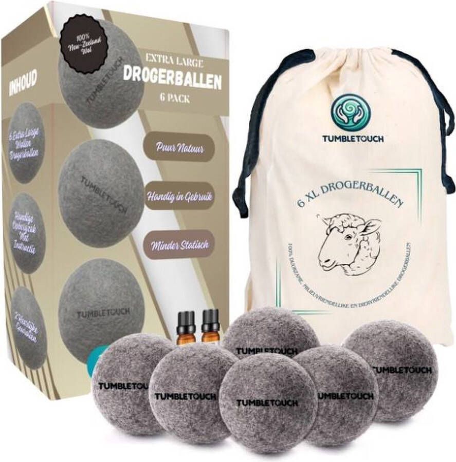 TUMBLETOUCH 6XL Drogerballen Voor Wasdrogers Gemaakt van 100% Nieuw-Zeelandse Schapen Wol 2 Etherische Oliën Wasdrogerballen Droogballen Grijs