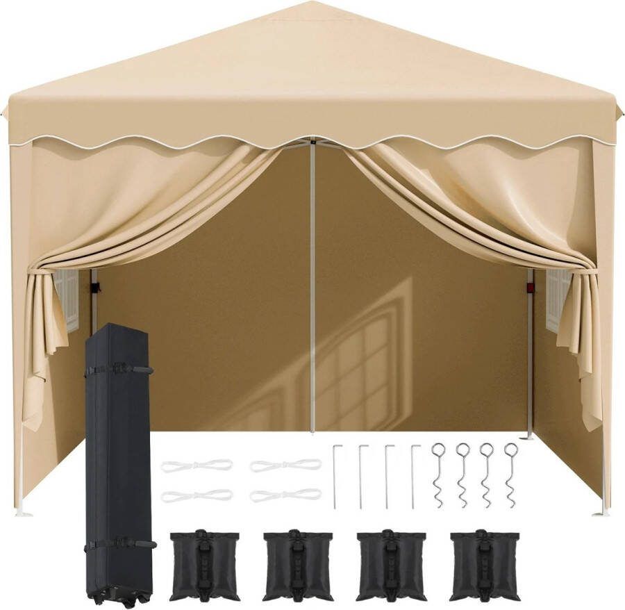 Tumex Partytent Pop-Up tent Feesttent 3x3M Waterdicht Inclusief Zijwanden en 4 Zandzakken Verstelbaar 176-200 cm Beige