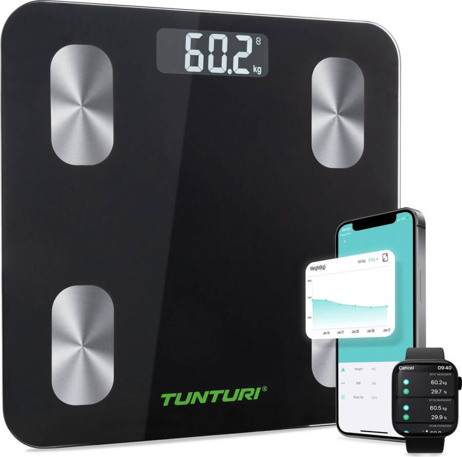 Tunturi Weegschaal Personenweegschaal Bluetooth 180kg Gebruikersgewicht Slimme weegschaal met app incl. lichaamsanalyse & hartslagmeter