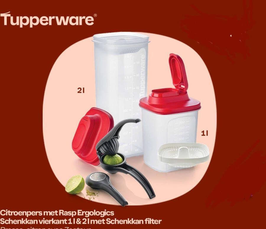Tupperware citroenpers met rasp ergo en schenkkanvierkant 1L & 2Lmet filter