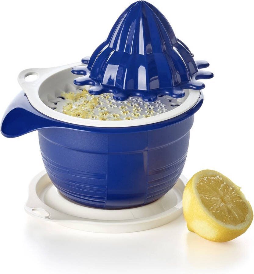 Tupperware Sinaasappelpers met Mengkom en Rasp Citruspers Blauw Wit