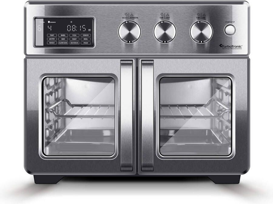 TurboTronic AFD32 Airfryer XXL en Oven – Dubbele Deur 32 Liter – Extra accessoires 12 kookprogramma's Timer tot 99 min. 25 tot 230 graden Zilver