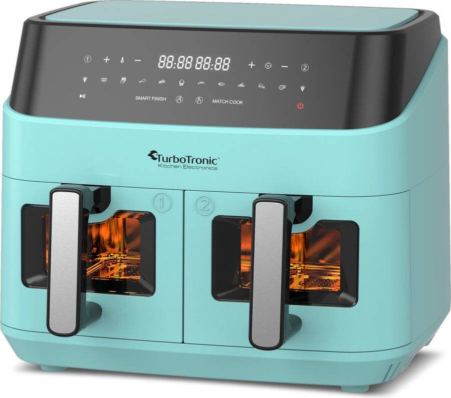 TurboTronic DAF6W Dubbele Airfryer XXL met Raam – 9 Liter – Turquoise