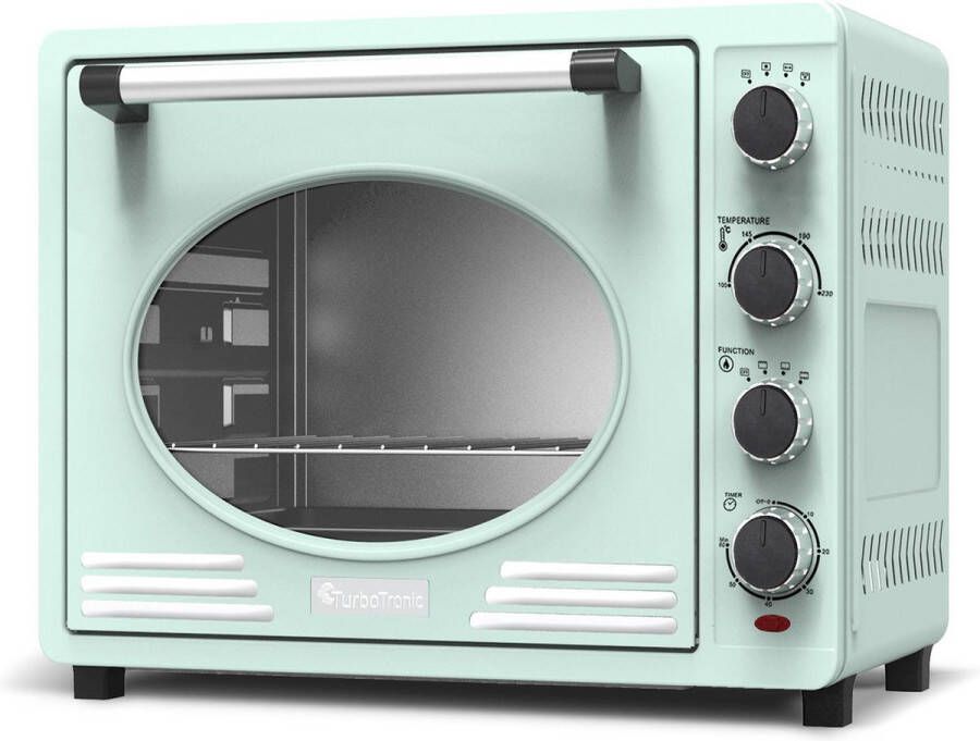 TurboTronic EV35 Elektrische vrijstaande retro oven 35 Liter Compact Mini Grillen bakken en opwarmen Hete lucht Max. 230 graden Timer Draaispit 1600W Turquoise