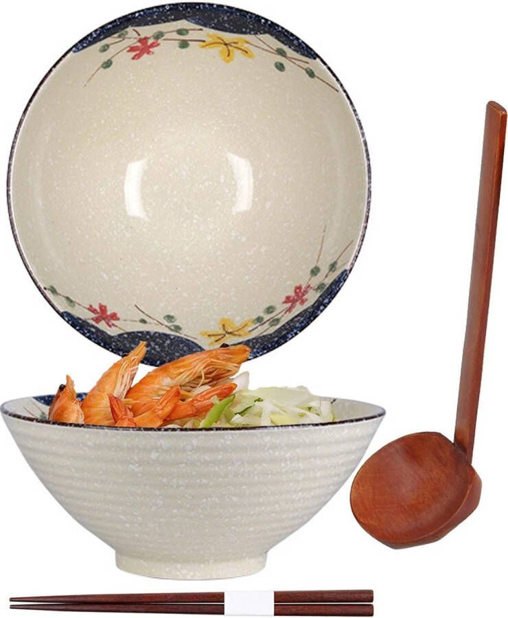 TuYines Ramen kom Japanse kom keramiek Ramen kom set Ramen Bowl met lepel eetstokjes Japanse soepkom 1200 ml vintage raamschaal Japans servies