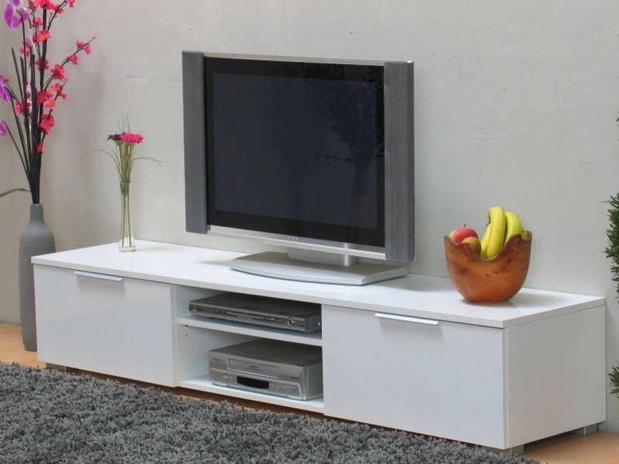 Hioshop TV meubel Bergamo wit hoogglans met 2 laden en open vakken.