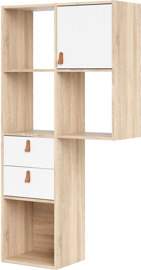 Hioshop Fula Boekenkast met 1 deur 2 laden eikenstructuur decor en wit.