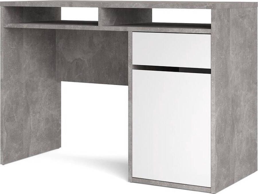 Hioshop Plus bureau met 1 deur 1 lade en 2 legplanken betondecor wit hoogglans.