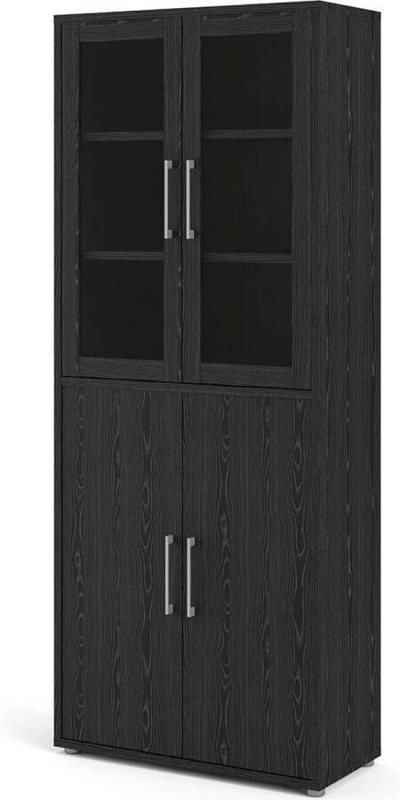 Hioshop Prisme Kantoorkast met 2 glazen deuren en 2 houten deuren zwart essen decor