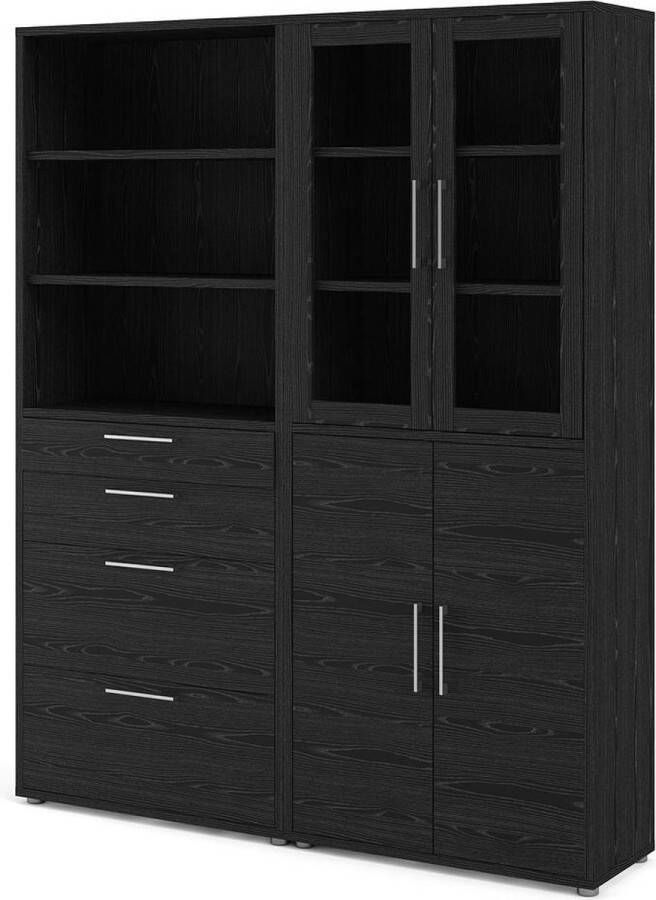 Hioshop Prisme Kantoorplank met 2 planken 4 laden 2 glasdeuren en 2 houten deuren zwart essen decor