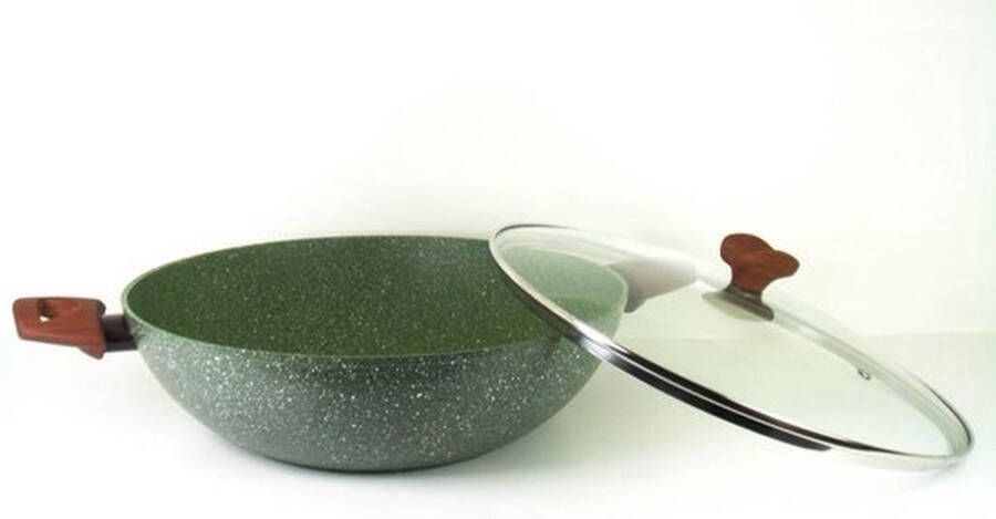TVS Natura 100% Recycled wok Wadjan Ø 32 cm met glasdeksel en met groene plantaardige VEGAN anti-kleefcoating -PFOS-PFOA vrij ook geschikt voor inductie