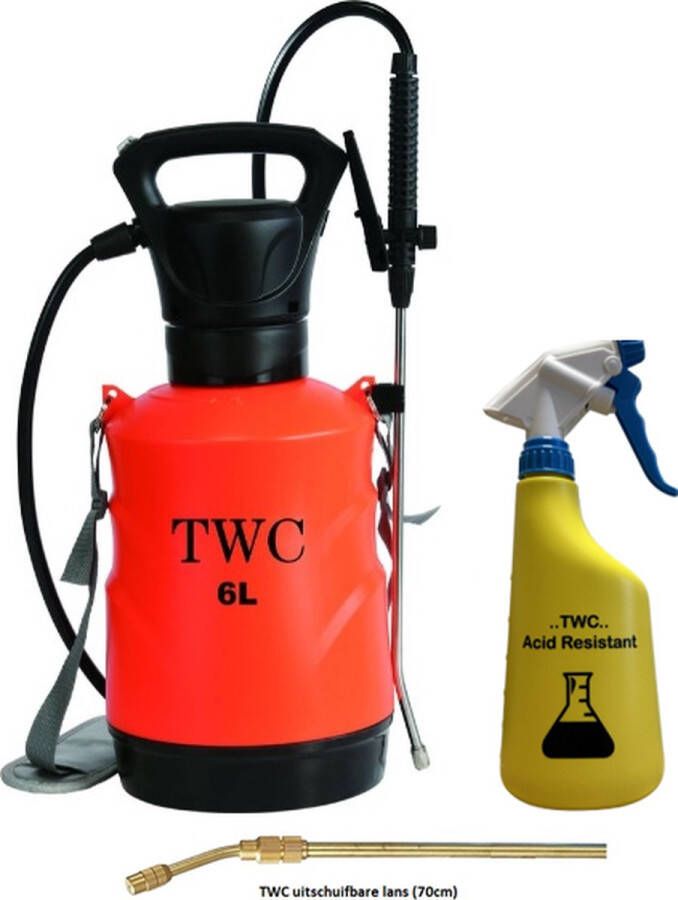 TWC Battery drukspuit 6L incl. 600ml sprayer (kan tegen zuren) en 70cm lans