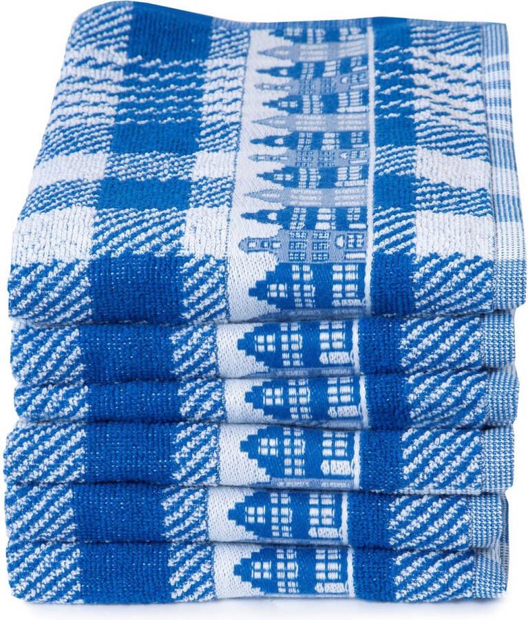 Twentse Damast Keuken Handdoeken Hollandse Designs Katoen Keukendoeken Set 6 stuks 50x55 cm Huizen Blauw